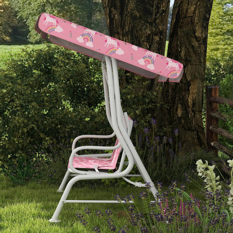Side view of Two Seater Kids Patio Swing With Adjustable Canopy Safety Belt Unicorn Rainbow Pattern Hanging Bench