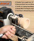 Front view of VINWOX 9-piece carbide wood lathe turning tool set being used to shape a wooden bowl on a lathe