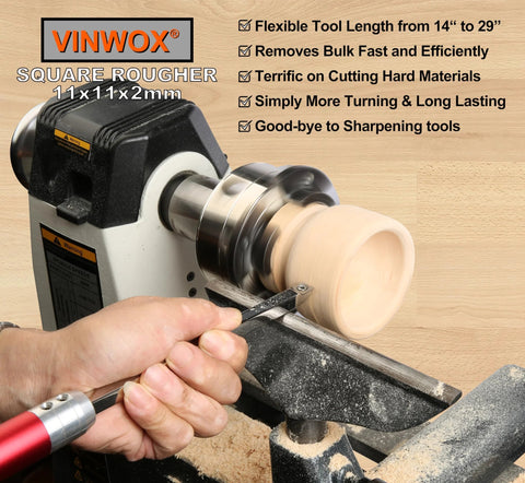 Front view of VINWOX 9-piece carbide wood lathe turning tool set being used to shape a wooden bowl on a lathe
