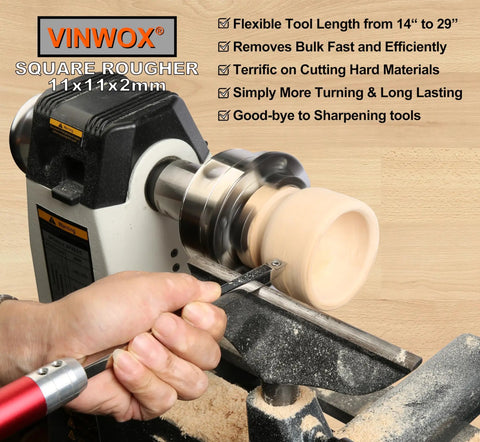 Coated Replacement Wood Turning Carbide Tip Set For VINWOX 3 And 4 Piece Tool Sets in use on wood lathe with square rougher.