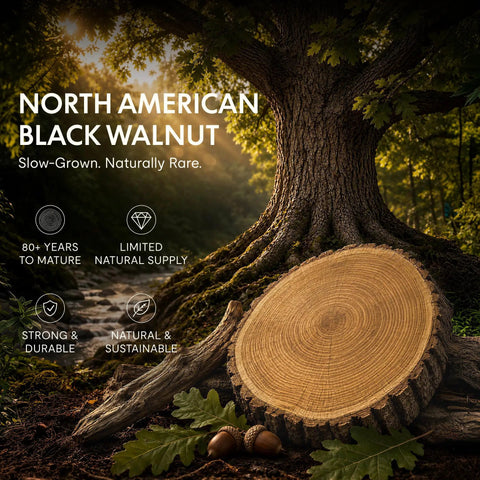 North American Black Walnut tree stump showcasing natural beauty and durability in a serene forest setting.