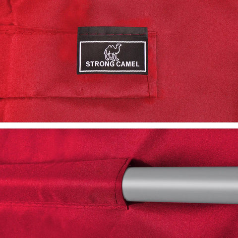 Brand label and corner pocket detail of Patio Swing Canopy Replacement Top Cover For 77 By 43 Inch Porch Furniture Burgundy UV Blocking Water Repellent With Velcro Tabs And Four Corner Pockets No Fuss Install.