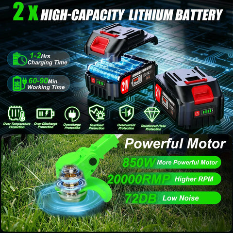 Cordless 3-in-1 Weed Wacker with Dual 2000mAh Batteries, highlighted battery features and powerful motor details