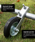 Close-up of Heavy Duty 6 Inch Gate Wheel Caster on metal frame, featuring sawtooth design and upgrade lock nut, suitable for smooth glide.