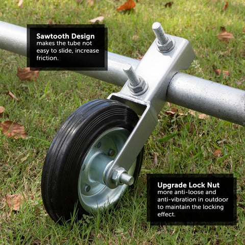 Close-up of Heavy Duty 6 Inch Gate Wheel Caster on metal frame, featuring sawtooth design and upgrade lock nut, suitable for smooth glide.