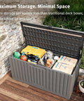 Open 120 Gallon Outdoor Storage Box For Patio And Backyard Heavy Duty Resin Deck Box Built To Last with tools and accessories inside