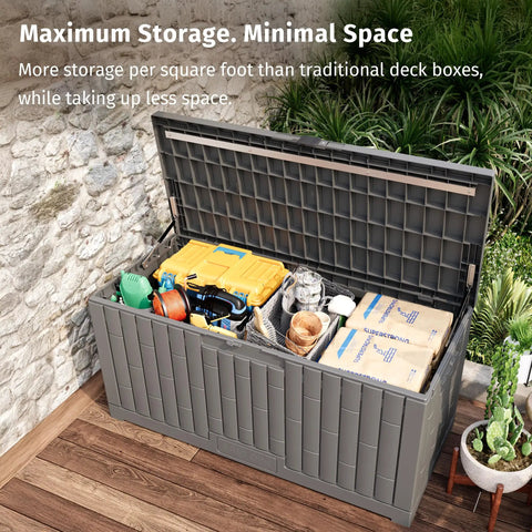 Open 120 Gallon Outdoor Storage Box For Patio And Backyard Heavy Duty Resin Deck Box Built To Last with tools and accessories inside