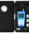 PH8500 Premium Series Portable Handheld PH Meter Kit With Easy Auto Multi Point Calibration in open black case, showing components.