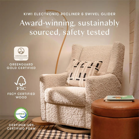 Glider Recliner With USB Charging And Electronic Control For Nursery, 270 Degree Swivel, Almond Teddy Loop Fabric, Greenguard Gold Certified