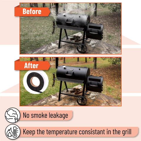 UNCO smoker gasket, 2-pack, 15 ft, 1/2 x 1/8 in, black high-temp seal shown installed on a barbecue smoker