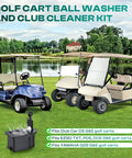 Golf Cart Ball Washer and Club Cleaner Kit on lawn with golf carts, compatible with Club Car DS, Yamaha G29, EZGO TXT PDS DCS carts