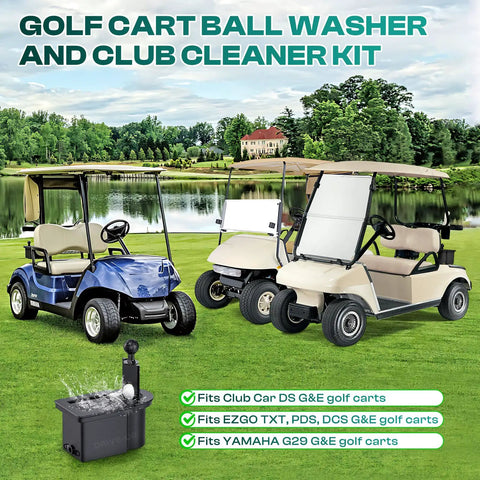Golf Cart Ball Washer and Club Cleaner Kit on lawn with golf carts, compatible with Club Car DS, Yamaha G29, EZGO TXT PDS DCS carts