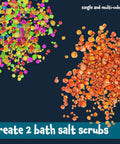 Soap And Bath Bomb Making Kit For Kids 3 In 1 Spa Science Lab with colorful and orange bath salts on dark background.