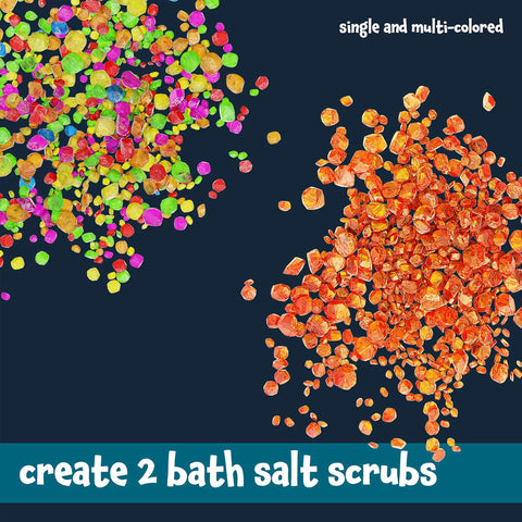 Soap And Bath Bomb Making Kit For Kids 3 In 1 Spa Science Lab with colorful and orange bath salts on dark background.