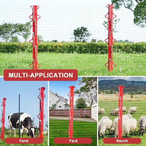 Collage showing 6-Foot Woven Wire Fence Stretcher Bar With 7 Wedges in use on farm, yard, ranch with sheep and cow.
