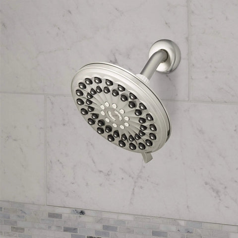 Six-Mode RainFall Plus Rain Shower Head With PowerPulse Massage, Brushed Nickel Finish, mounted on marble wall