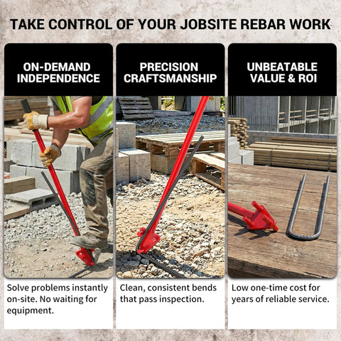 Fixum Heavy Duty Manual Rebar Bender For 5/8 Inch Steel Rods used on-site for precise bending of rebar, demonstrating efficiency and craftsmanship.