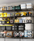 Five Tier Heavy Duty Metal Storage Shelves 60 Inch Wide Wire Shelving Unit Built To Last Holds A Beefy 1325 Lbs Total Load 265 Lbs Per Shelf Corner L Shaped Standing Rack For Garage Kitchen Pantry Basement 13.8 Inch Deep 70.5 Inch High loaded with garage tools and bins
