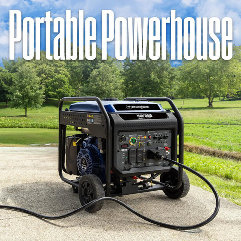 10000 Peak Watt Portable Gas Generator With Remote Electric Start And Transfer Switch Ready Build For No Sweat Camping And Reliable Home Emergency Backup Power Featuring 12 Hour Run Time on a concrete surface.