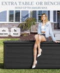 320 Gallon Outdoor Storage Box Resin Deck Box Waterproof For Patio Furniture Garden Tools And Pool Supplies Lockable And UV Resistant Rattan Black Heavy Duty Finish being used as a bench with woman seated