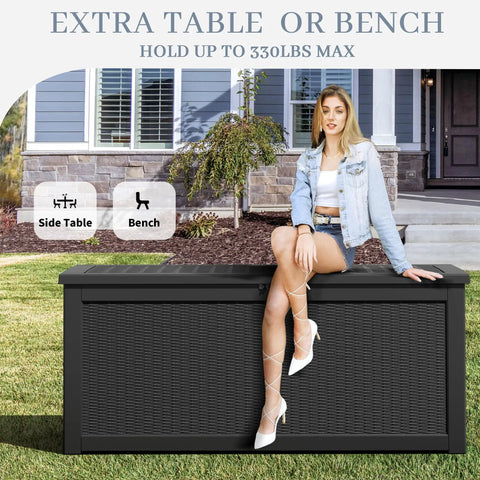 320 Gallon Outdoor Storage Box Resin Deck Box Waterproof For Patio Furniture Garden Tools And Pool Supplies Lockable And UV Resistant Rattan Black Heavy Duty Finish being used as a bench with woman seated