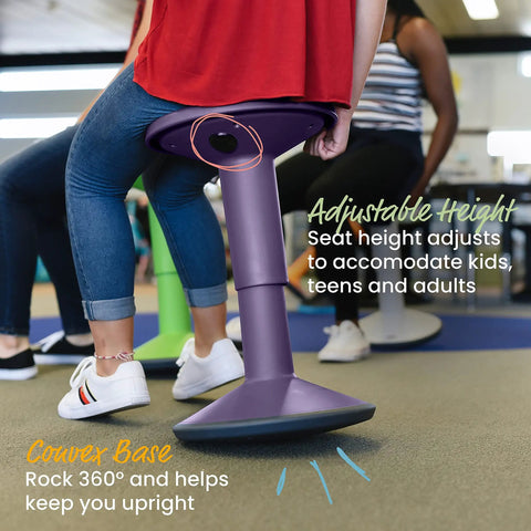 SitWell Wobble Stool With Adjustable Height For Active Seating And Core Engagement in classroom setting, eggplant color.