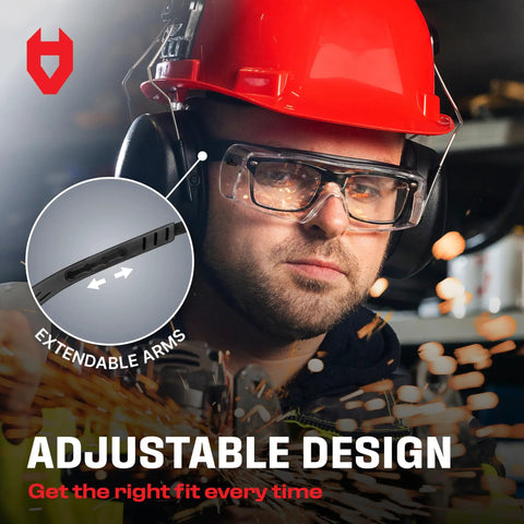 Top Shelf Anti Fog Safety Glasses Designed To Sit Easily Over Glasses With Scratch Proof Lenses Fully Adjustable Temples For Men And Women Providing Crystal Clear Vision And 100 Percent Uv Guard Without The Hassle Or Fog Wrecked Sight Lines, featuring adjustable arms for a tailored fit.