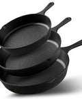 Premium Cast Iron Skillet Set 6, 8, 10 Inch Preseasoned Frying Pans PFAS-Free stacked on white background
