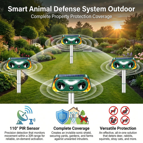 4 Pack Solar Ultrasonic Animal Repeller With Motion Sensor And LED Strobe Light, waterproof yard posts around garden