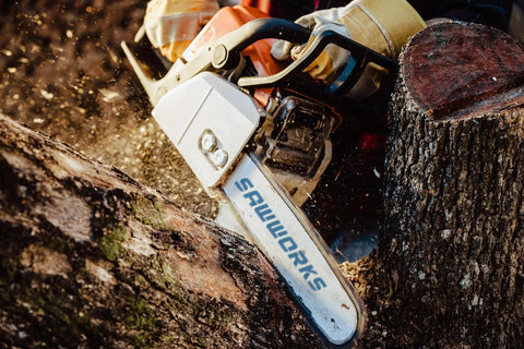 Person using chainsaw with Three Eighths Inch Low Profile Fourteen Inch Chainsaw Chain In A Three Pack With Point Zero Four Three Inch Gauge
