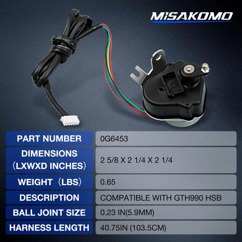 0G6453 Stepper Motor Assembly for GTH990 HSB Plug-and-Play Replacement with wiring harness and ball joint details