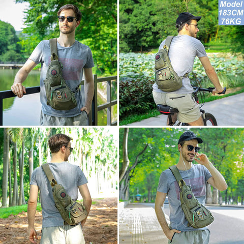 Dope Ultra Lightweight Sling Bag for Men and Women on a man outdoors, showcasing quick-access pockets and secure zipper compartments.