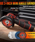 Brushless Cordless Angle Grinder Kit 800W with LED Display showing red 3-inch grinder and discs on workbench