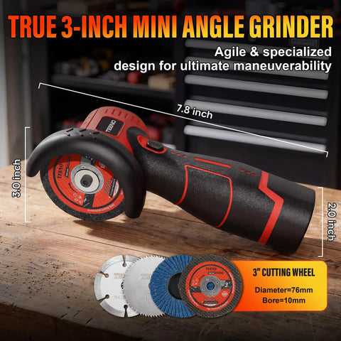 Brushless Cordless Angle Grinder Kit 800W with LED Display showing red 3-inch grinder and discs on workbench