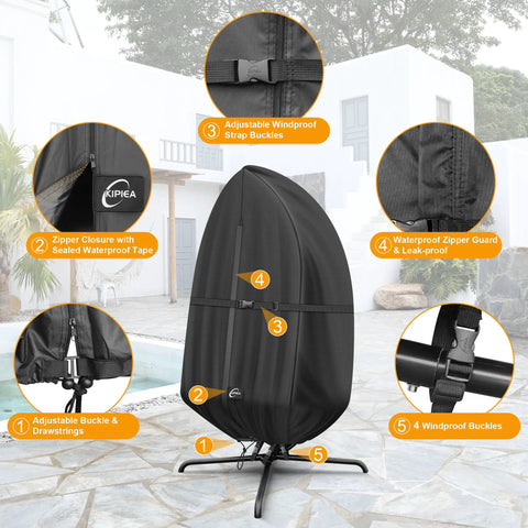 Waterproof Outdoor Egg Chair Cover For Hanging Swing Upgraded 500D Oxford shown on a patio with windproof features highlighted
