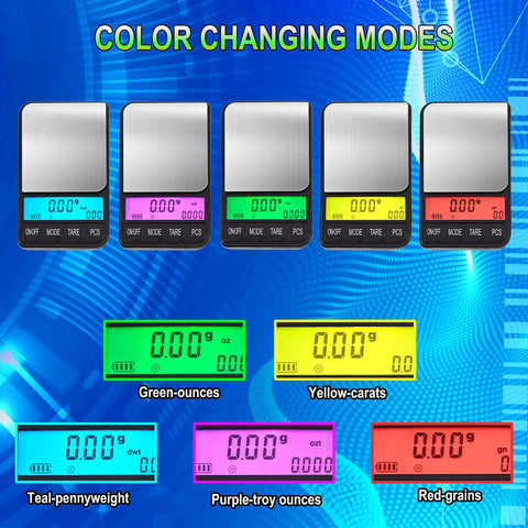 Pocket Digital Gram Scale 1200g x 0.1g color modes, teal-pennyweight, green-ounces, yellow-carats, purple-troy, red-grains