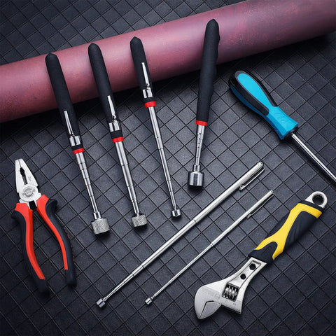 Six Piece Telescoping Magnetic Pickup Tool Set With Extendable Magnetic Sticks, Viewable Extendable Grabber on black grid surface.