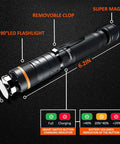 Rechargeable Magnetic LED Flashlight With 1200 Lumens, 90 Degree Twist Head, USB Direct Charging, dimensions and controls shown