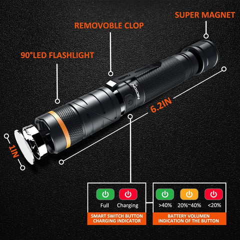 Rechargeable Magnetic LED Flashlight With 1200 Lumens, 90 Degree Twist Head, USB Direct Charging, dimensions and controls shown