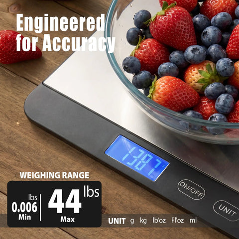 Big Ol Digital Kitchen Scale 44Lb/20Kg With 1g/0.1oz Precision, extra large platform weighing bowl of strawberries and blueberries