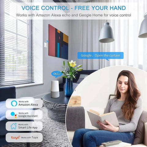 Living room with smart WiFi linear actuator module and Alexa voice control for home automation, woman reading with Tuya app visible.