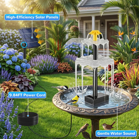 Sun Powered Water Fountain Kit With 2.5W Solar Panel, Four Spray Nozzles in bird bath, garden setting, showing power cord and pump