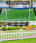 6 Pack 18 Inch Screw In Ground Anchors For Trampolines And Outdoor Play Equipment Fully Welded 2.7 Inch Wide Spiral Earth Anchors shown securing trampoline and fence