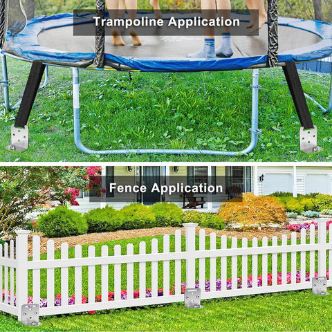 6 Pack 18 Inch Screw In Ground Anchors For Trampolines And Outdoor Play Equipment Fully Welded 2.7 Inch Wide Spiral Earth Anchors shown securing trampoline and fence