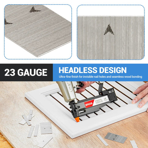Heavy Hitter 23 Gauge Galvanized Pin Nails Assorted Full Set Micro Headless Finish Fasteners For Electric Brad Nailers and Clean Woodwork Ten Thousand Count Straight Fire Value Pack with nail gun.