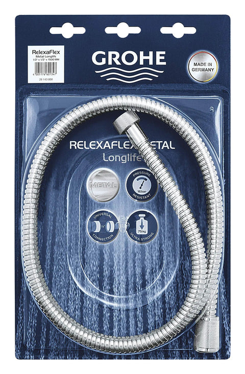RelexaFlex 59 Inch Metal Shower Hose Built To Last With Longlife Durability And Starlight Chrome Finish packaged in box