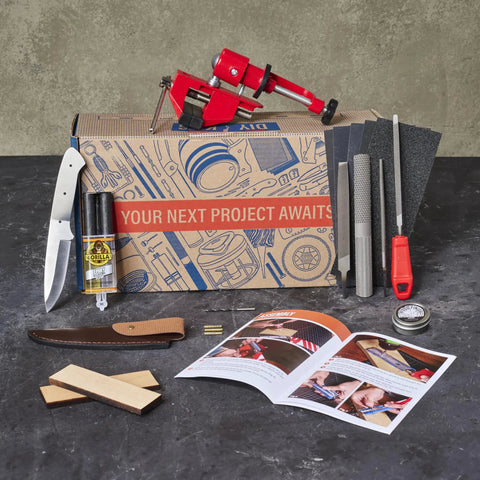 Knife Making Kit For DIY Dudes Includes Shawnee Skinner Blade, maple handle, leather sheath, brass bolsters, tools, guide