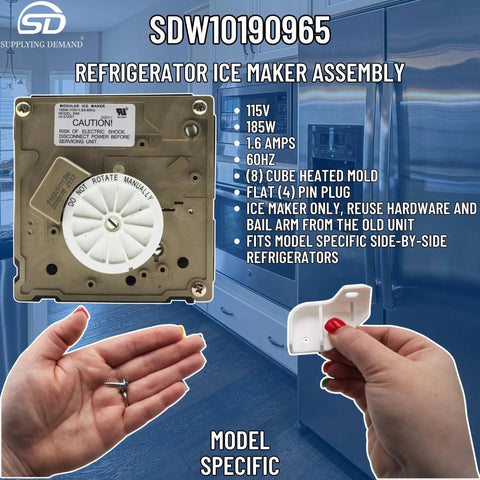 Refrigerator Ice Maker Assembly Replacement No Bail Arm Model Specific Fit for W10190965 and W10190966 Not Universal 115V.