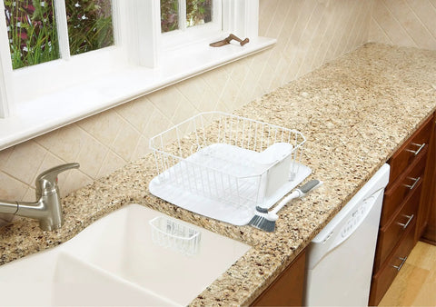 Small White Plastic Dish Drain Board For Countertop Drying Compact 14.3 By 15.3 Inch Drip Tray on kitchen counter