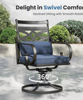 Outdoor Swivel Chairs Set Of 2 With Blue Cushions - Wrought Iron Patio Dining Chairs, 360-degree black metal chair on patio.